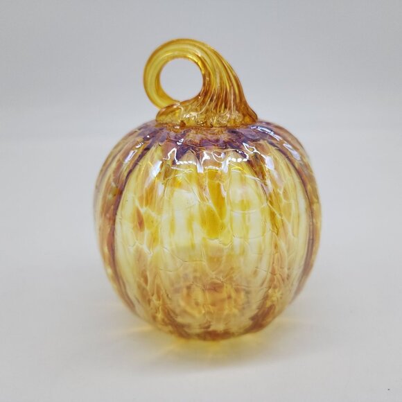 Hand Blown Glass Pumpkin Decor Iridescent Yellow & Orange Autumn Accent - Picture 4 of 7